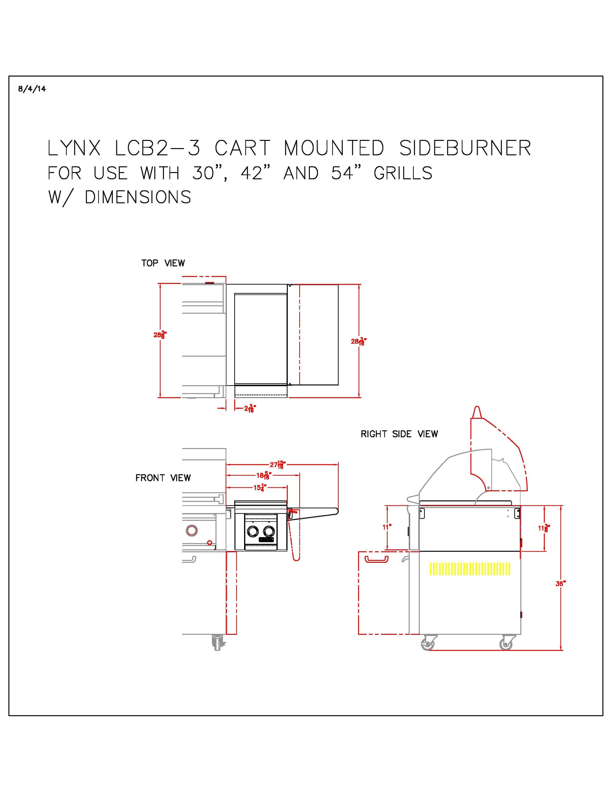 Technical diagram of cart-mounted double side burner with top, front, and side views