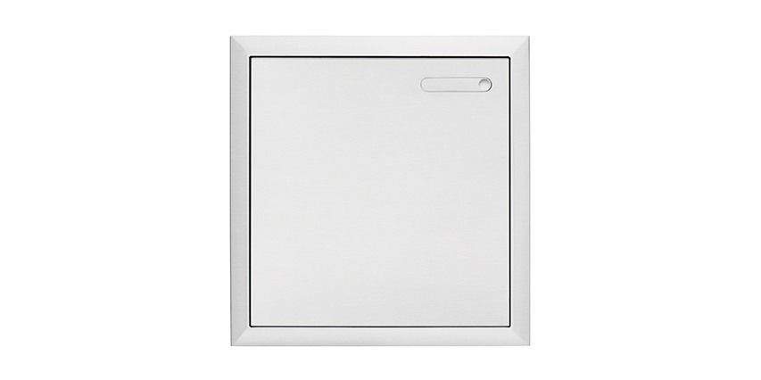 Square metal access door with recessed handle slot and framed panel