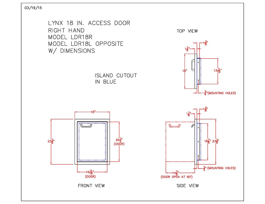 Blueprint of access door with handle, island cutout, and mounting hole measurements