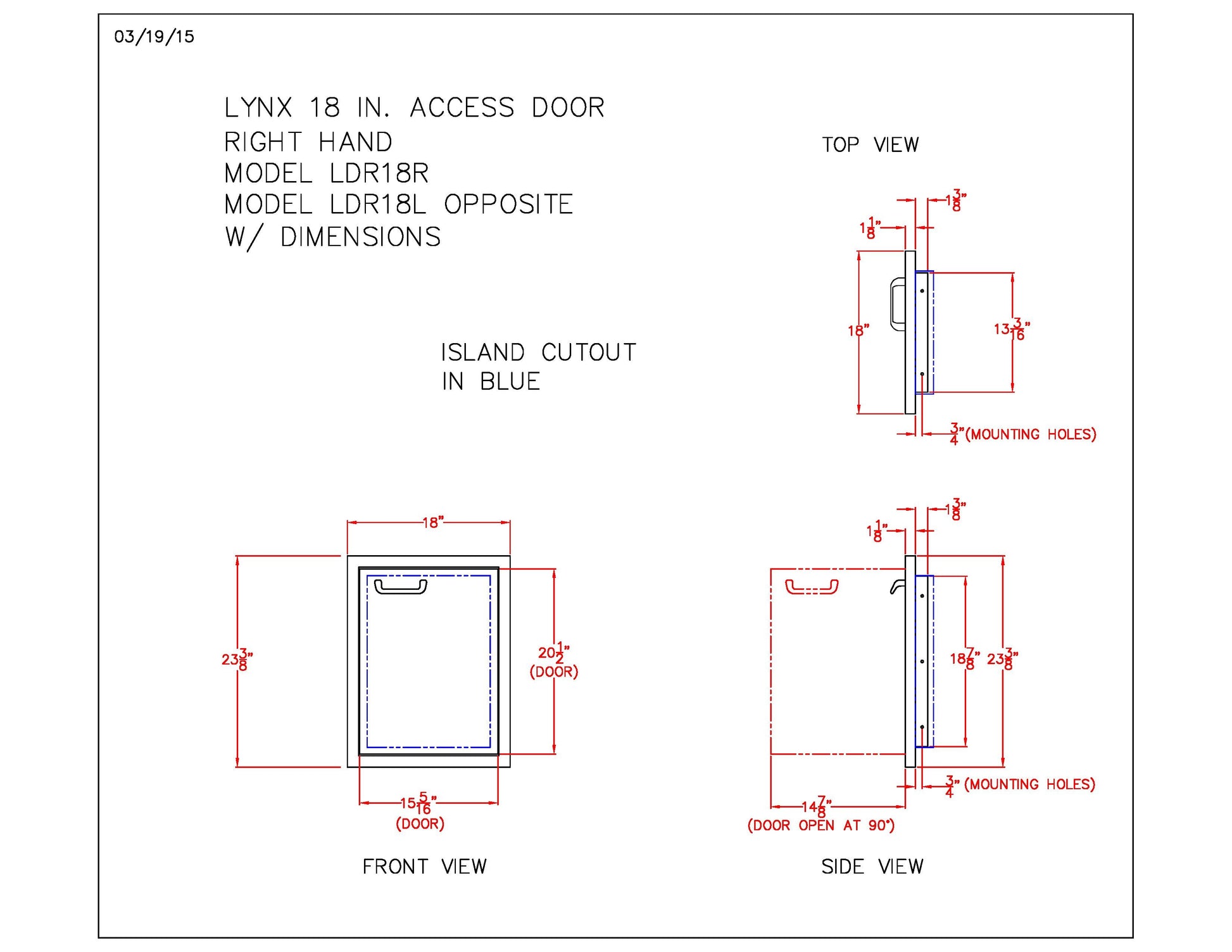 Blueprint of access door with handle, island cutout, and mounting hole measurements