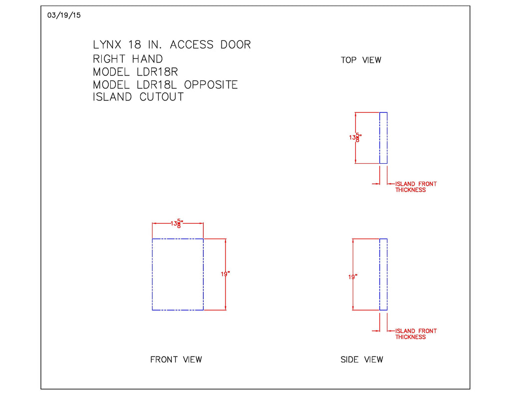 Technical drawing of square access door with handle and side view dimensions