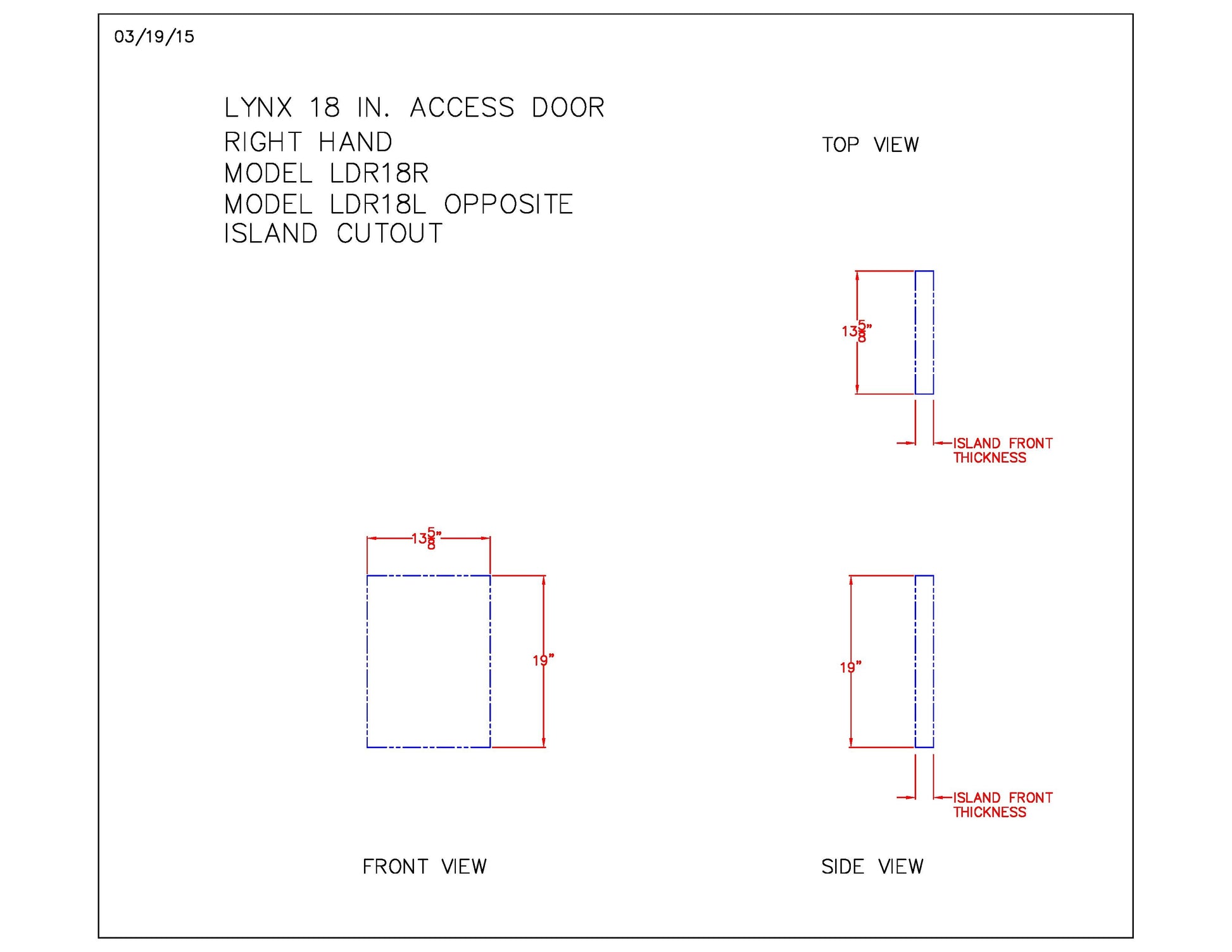 Technical drawing of square access door with handle and side view dimensions