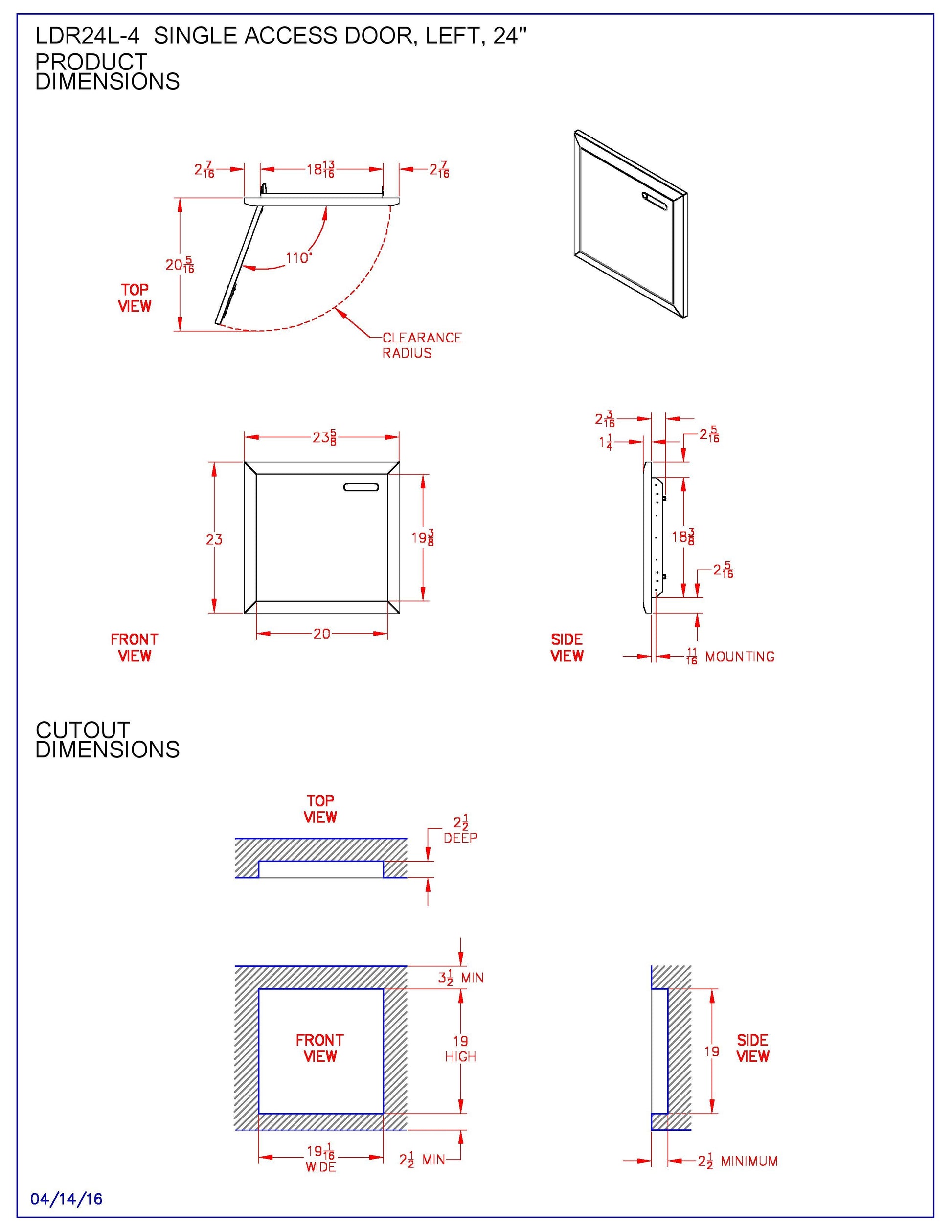 Access door cutout and dimensions diagram with mounting details