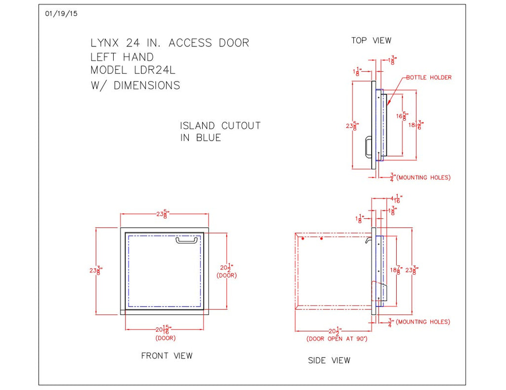 Technical drawing of access door showing island cutout and mounting holes