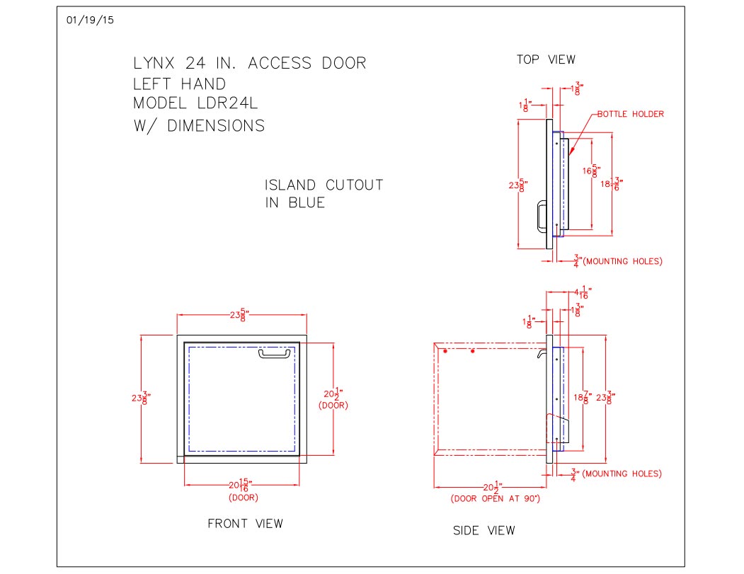 Technical drawing of access door showing island cutout and mounting holes