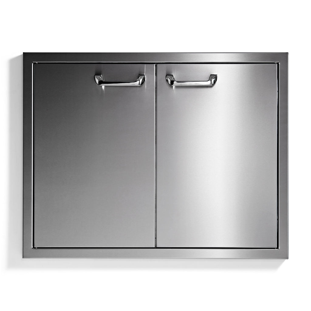 Double access doors with brushed metal frame, two hinged panels, latch handles.