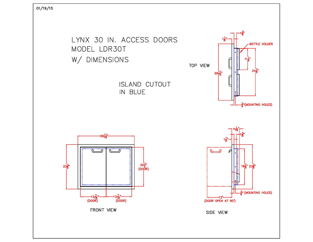 Technical diagram of access doors with bottle holder and mounting-hole measurements.