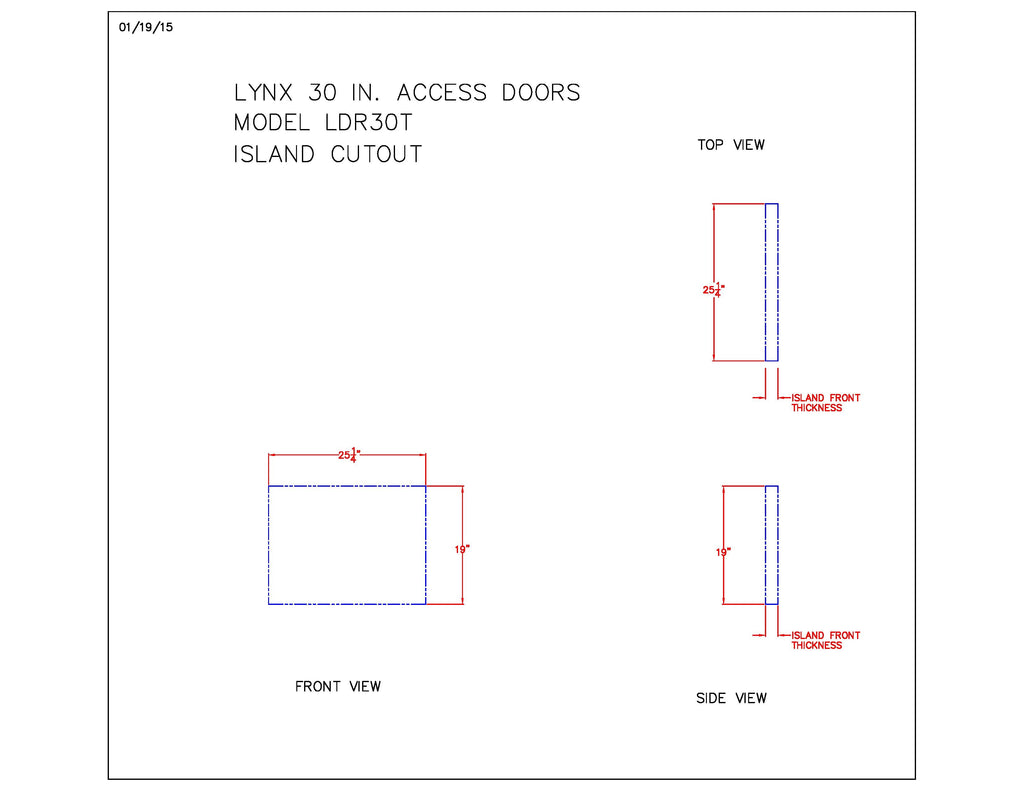 Technical diagram of access doors showing dimensions, island cutout, and mounting holes.