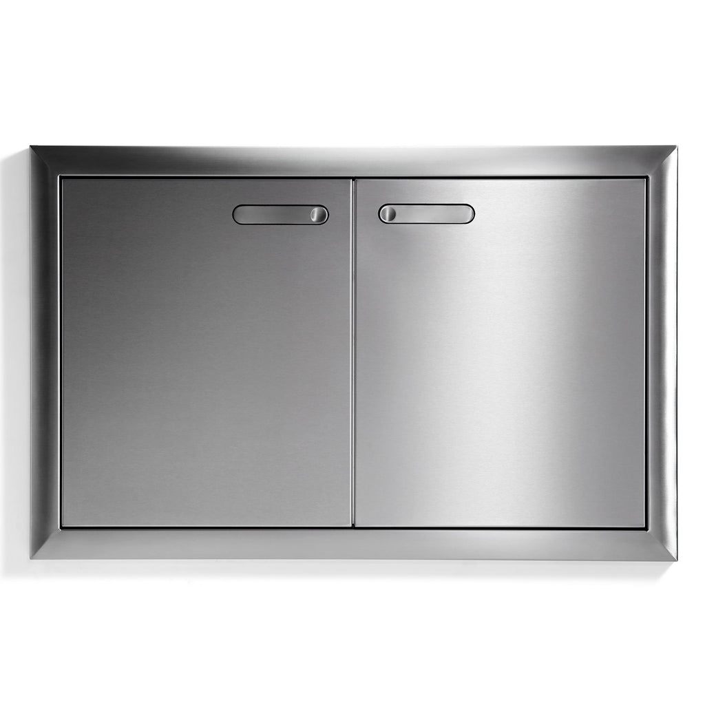 Double access door with two panels and recessed pull handles, stainless finish.