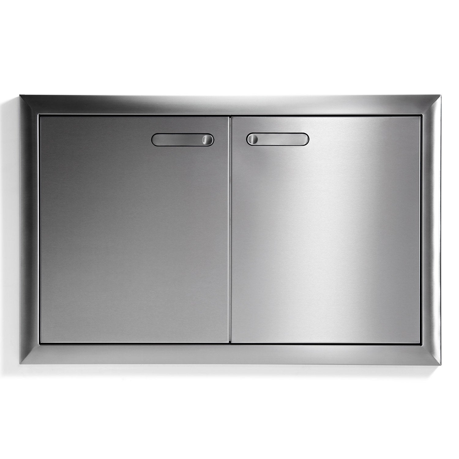 Double access door with two panels and recessed pull handles, stainless finish.
