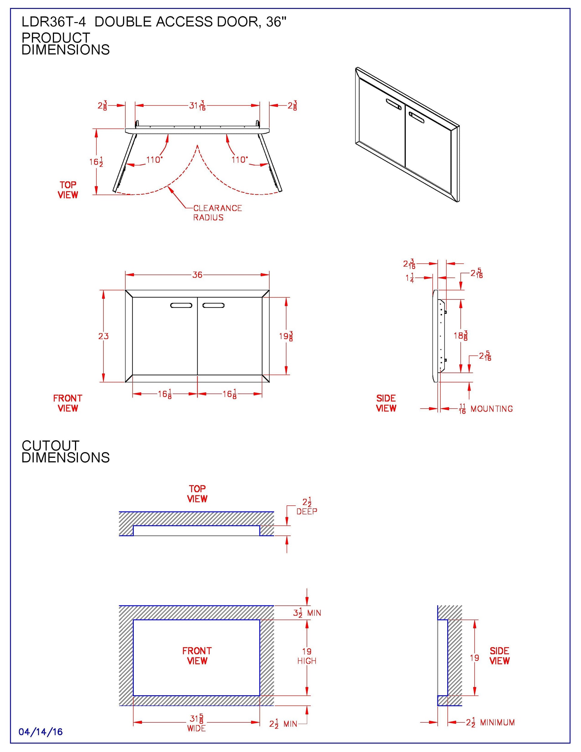 Technical drawing of double access door dimensions, cutout sizes, and mounting measurements.