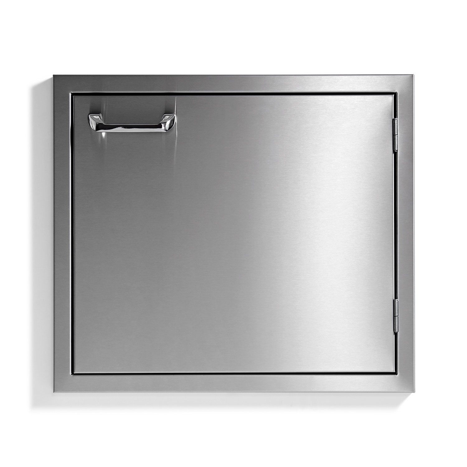 Metal access door with hinged panel, latch handle, and dark frame, 24-inch