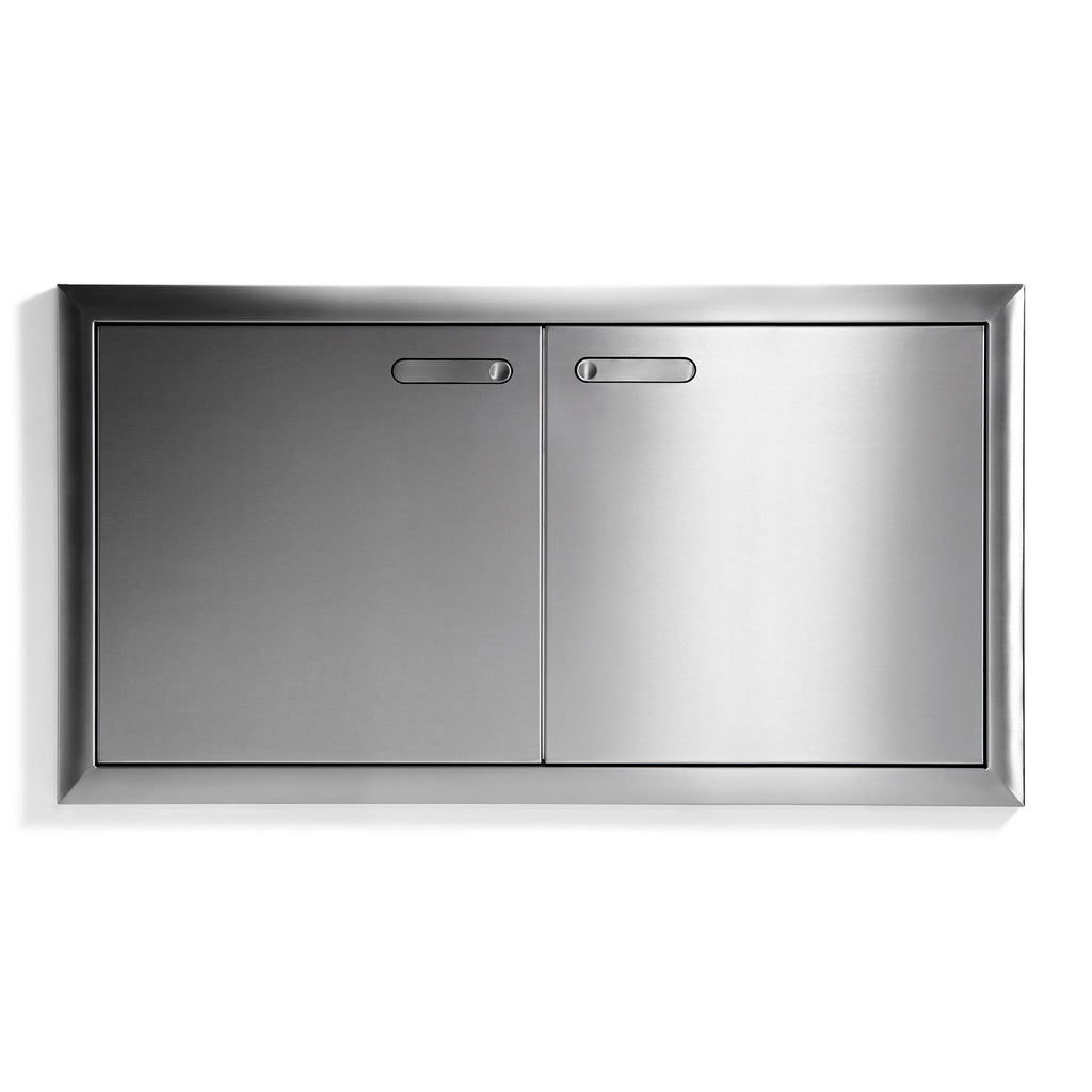 Double access doors with brushed metal frame and two rectangular handle recesses