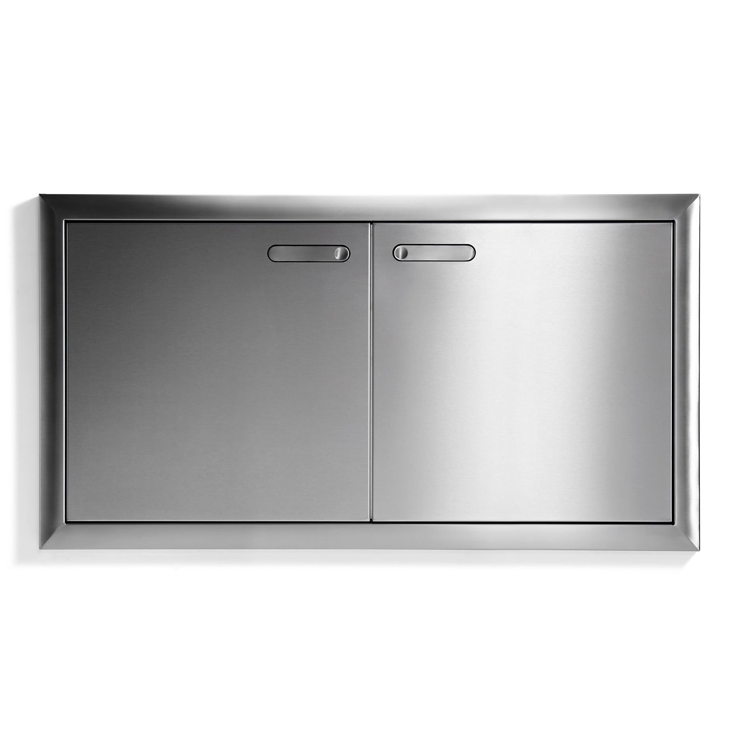 Double access doors with brushed metal frame and two rectangular handle recesses