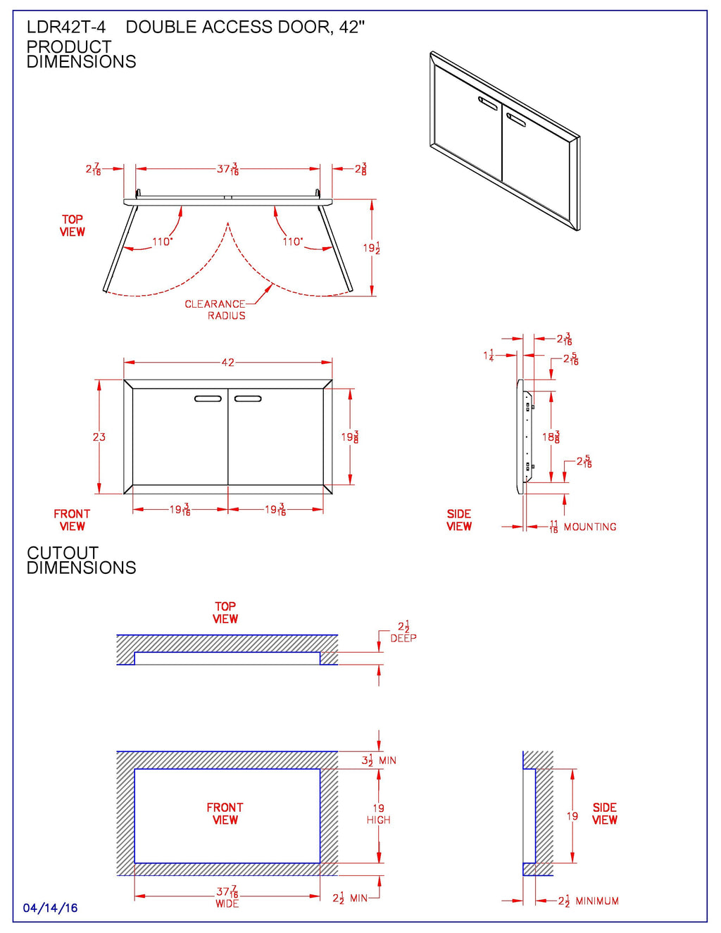 Double access door dimensions diagram with front, top, and side cutout measurements