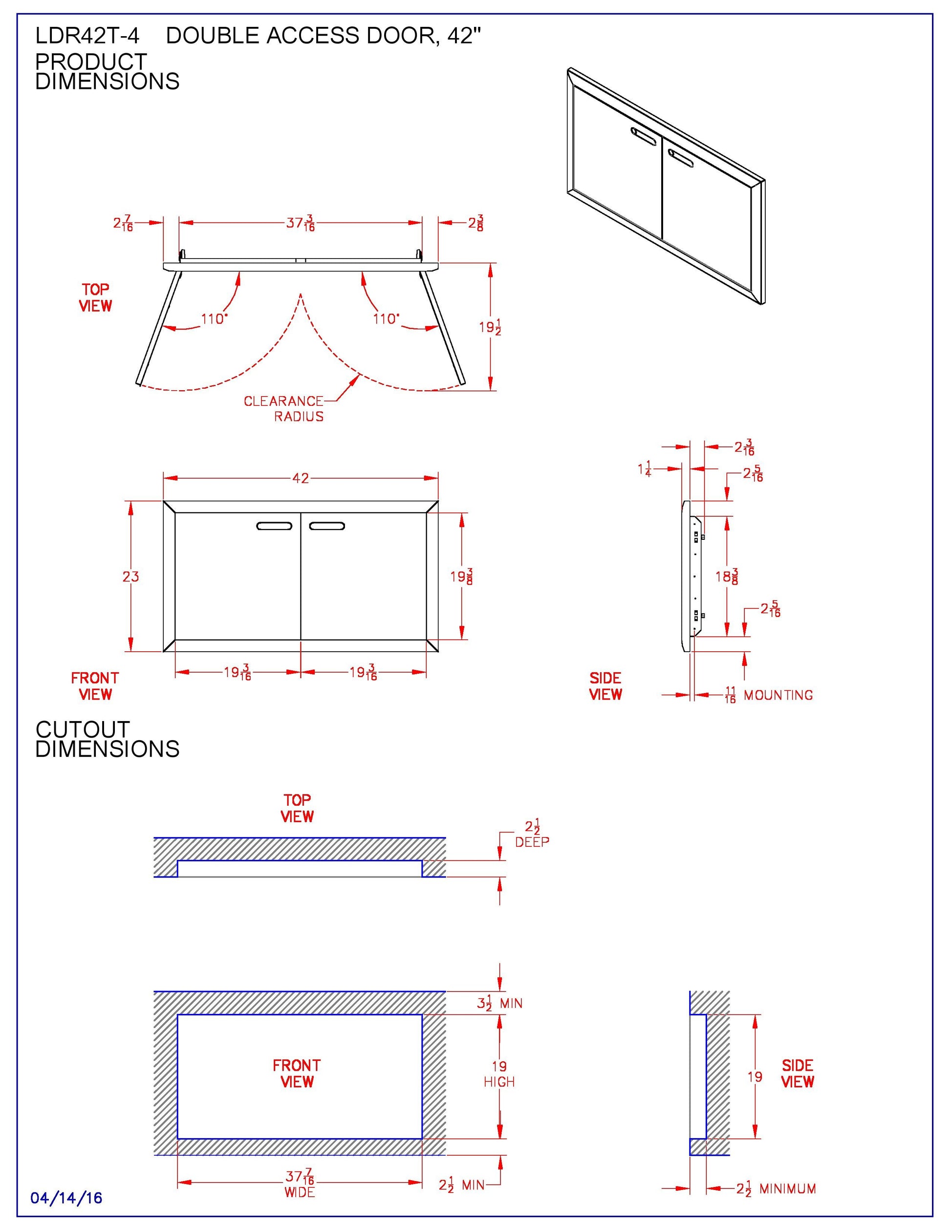 Double access door dimensions diagram with front, top, and side cutout measurements