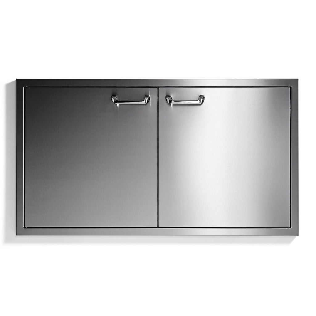 Double access doors with two panels and silver frame, metal hinge latches
