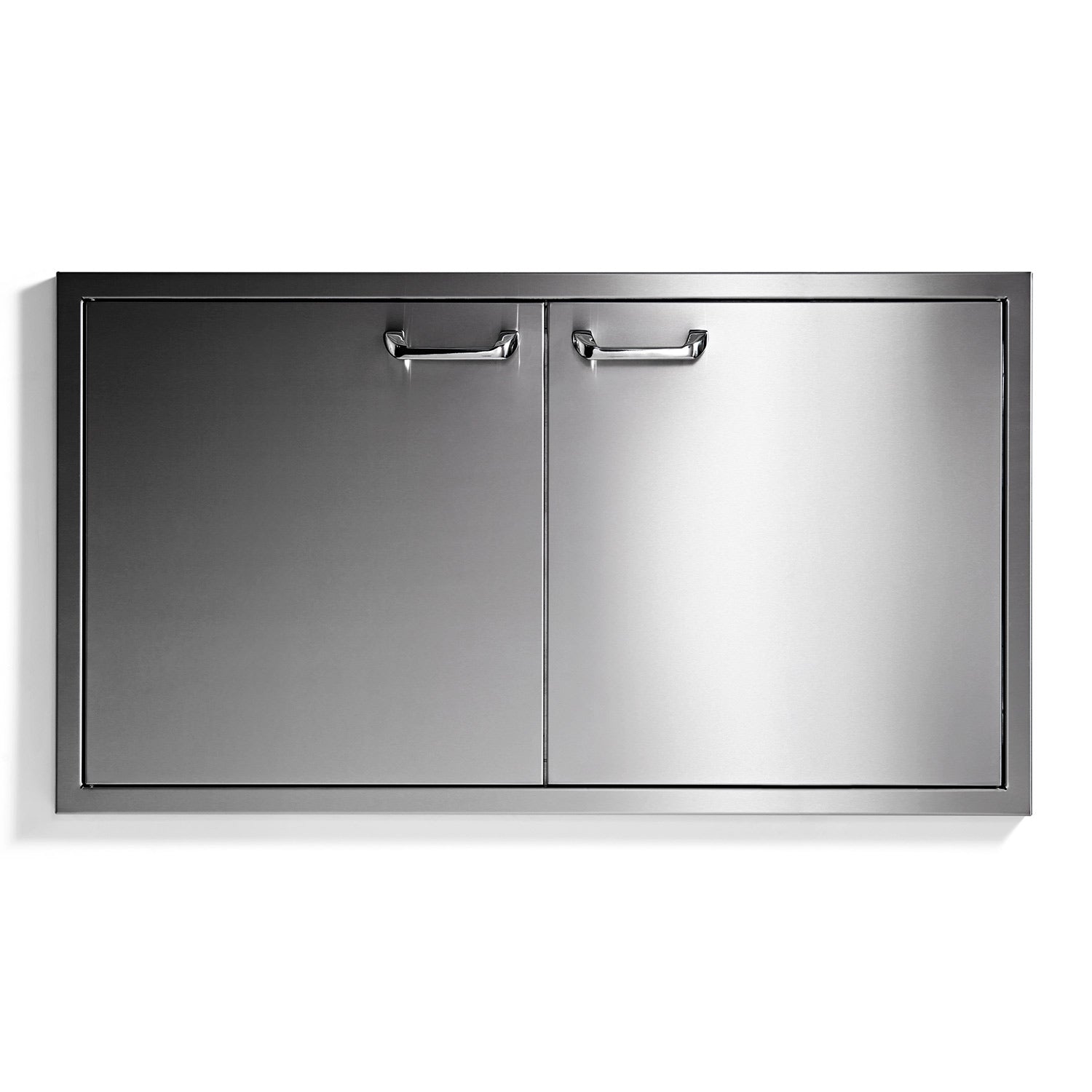 Double access doors with two panels and silver frame, metal hinge latches