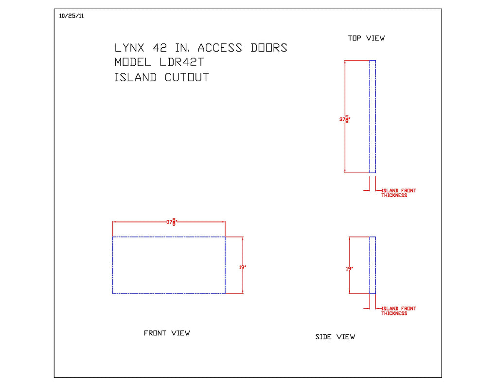 Access door layout diagram showing top, front, and side views with island cutout