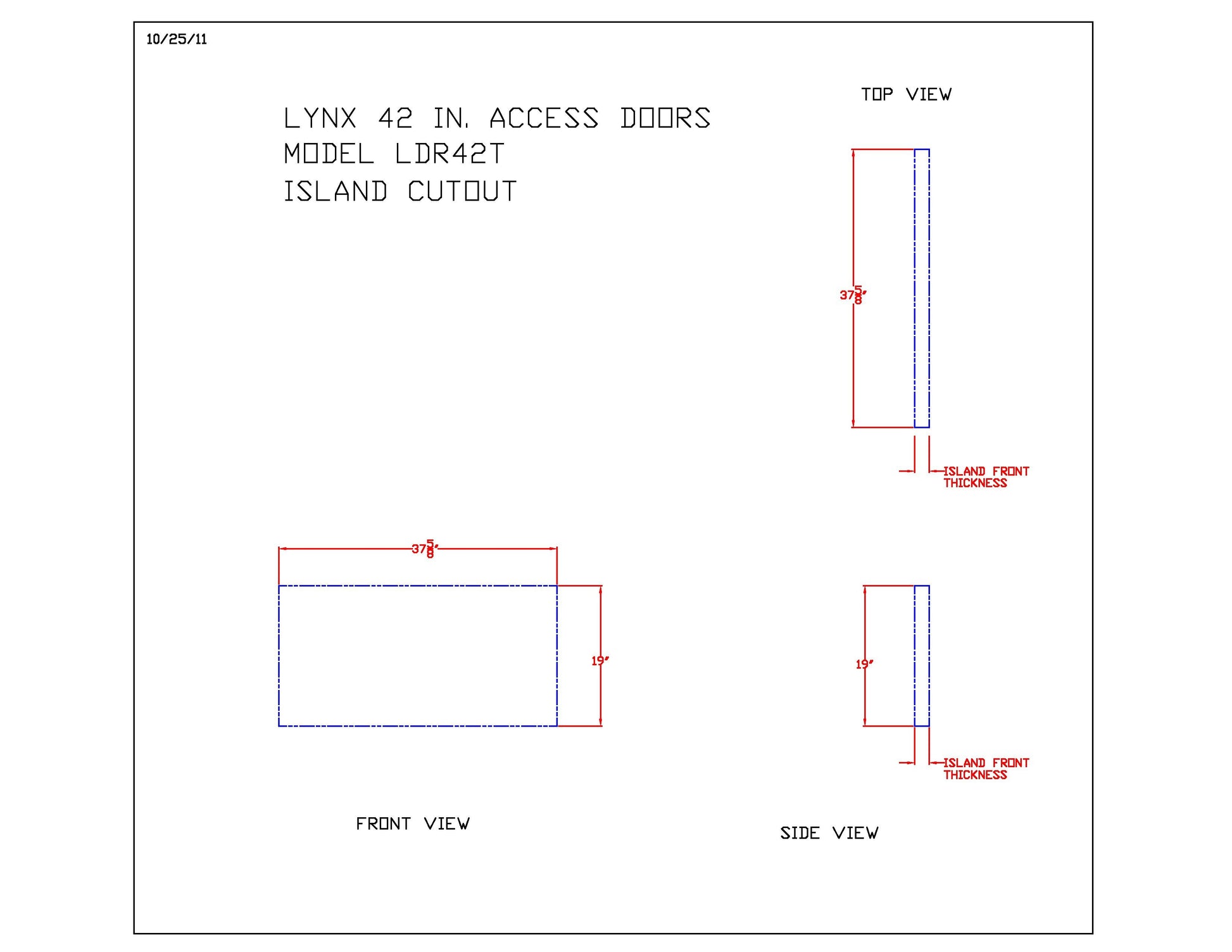 Access door layout diagram showing top, front, and side views with island cutout