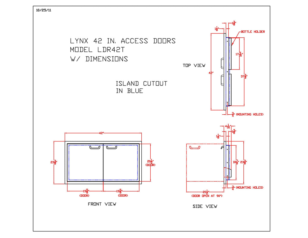 Access door dimensions diagram with front and side views, island cutout in blue