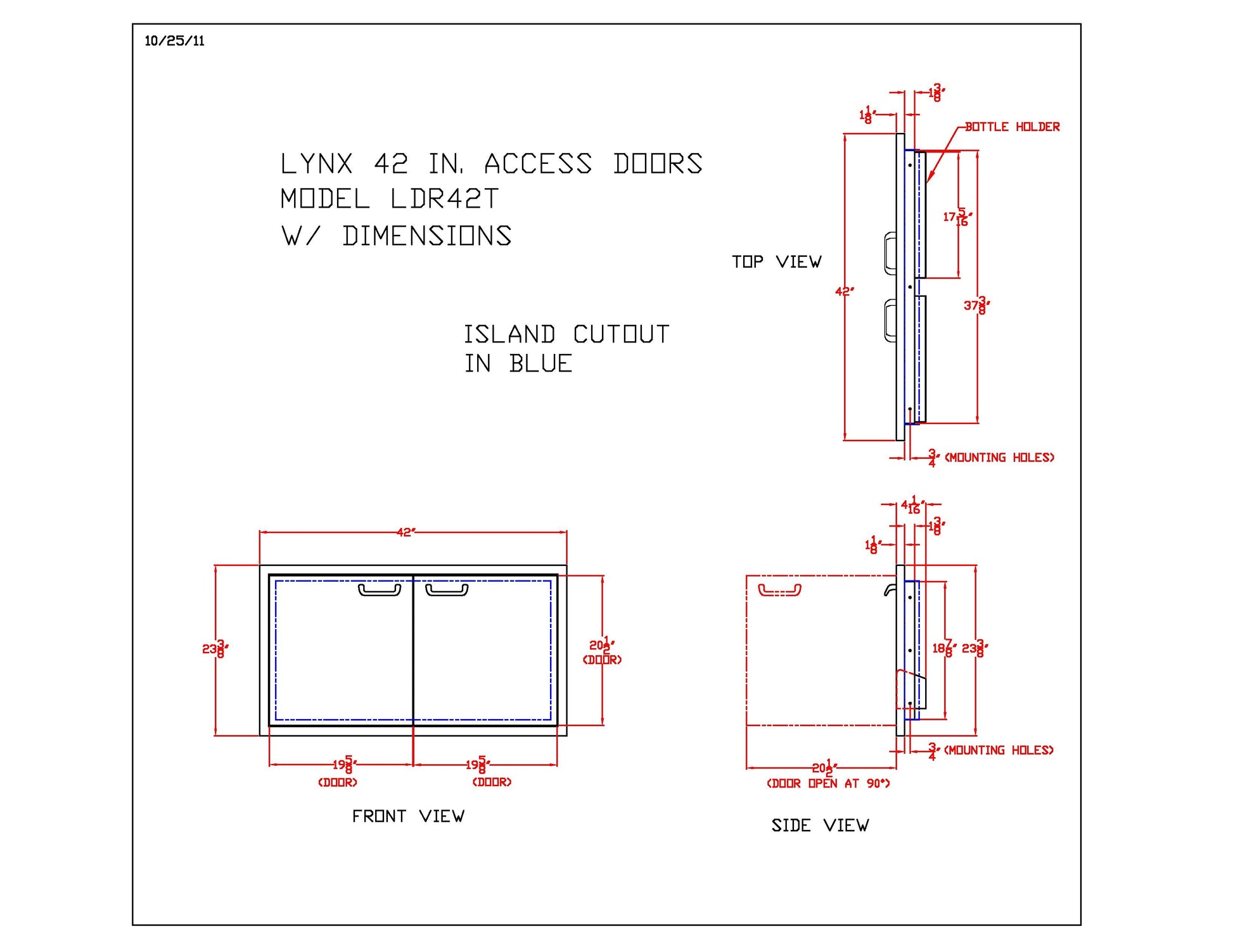 Access door dimensions diagram with front and side views, island cutout in blue
