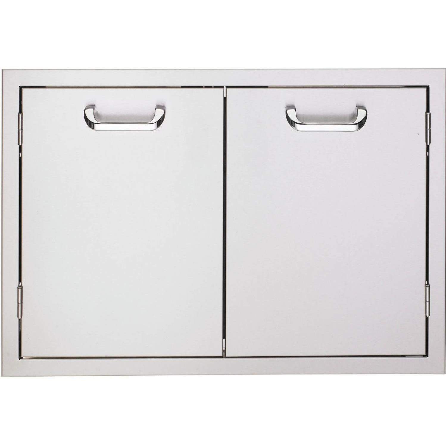 Double-door cabinet doors with curved metal handles, light gray finish