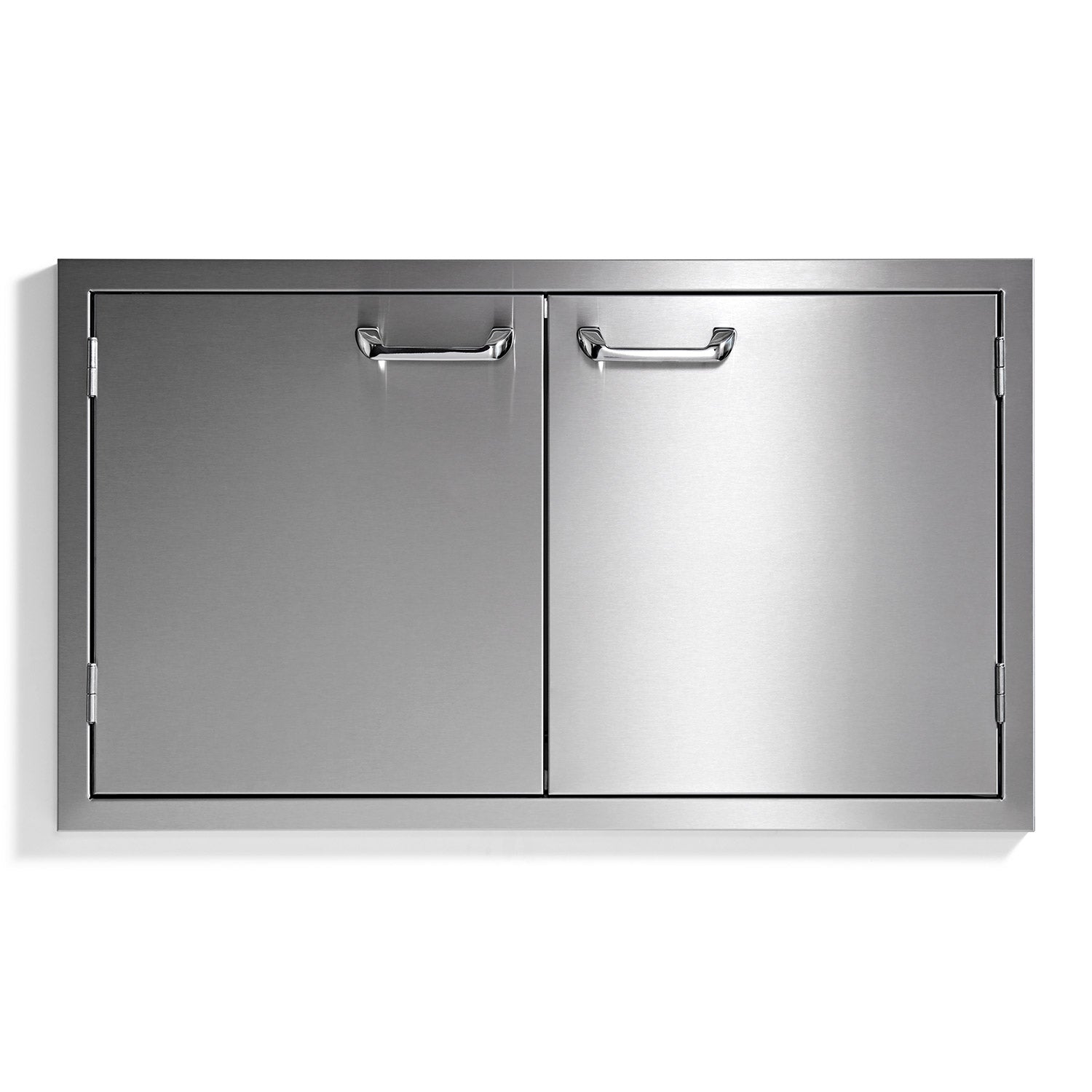 Double-door cabinet doors with chrome handles and dark gray panels