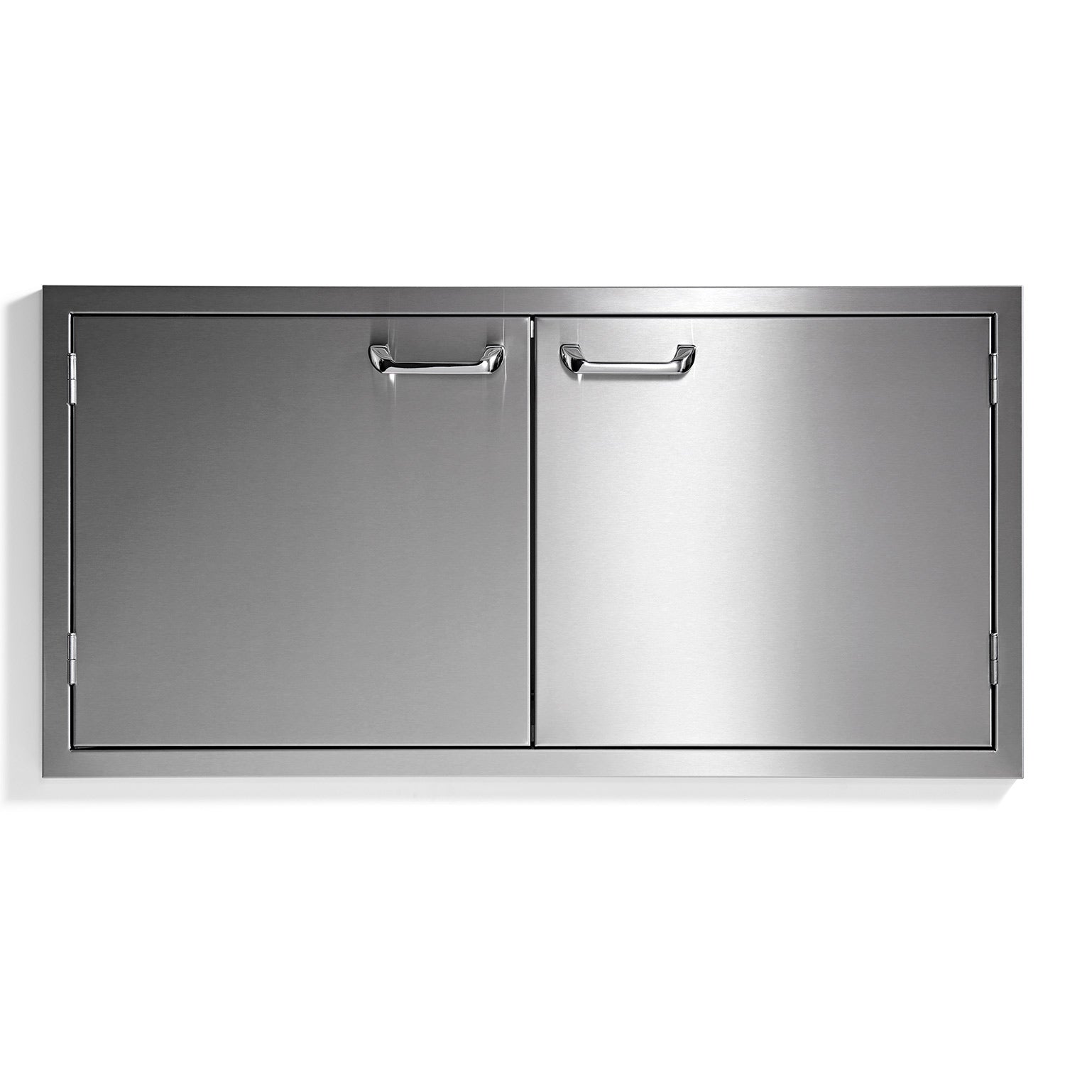 Double-door cabinet with metal frame and two chrome bar pulls
