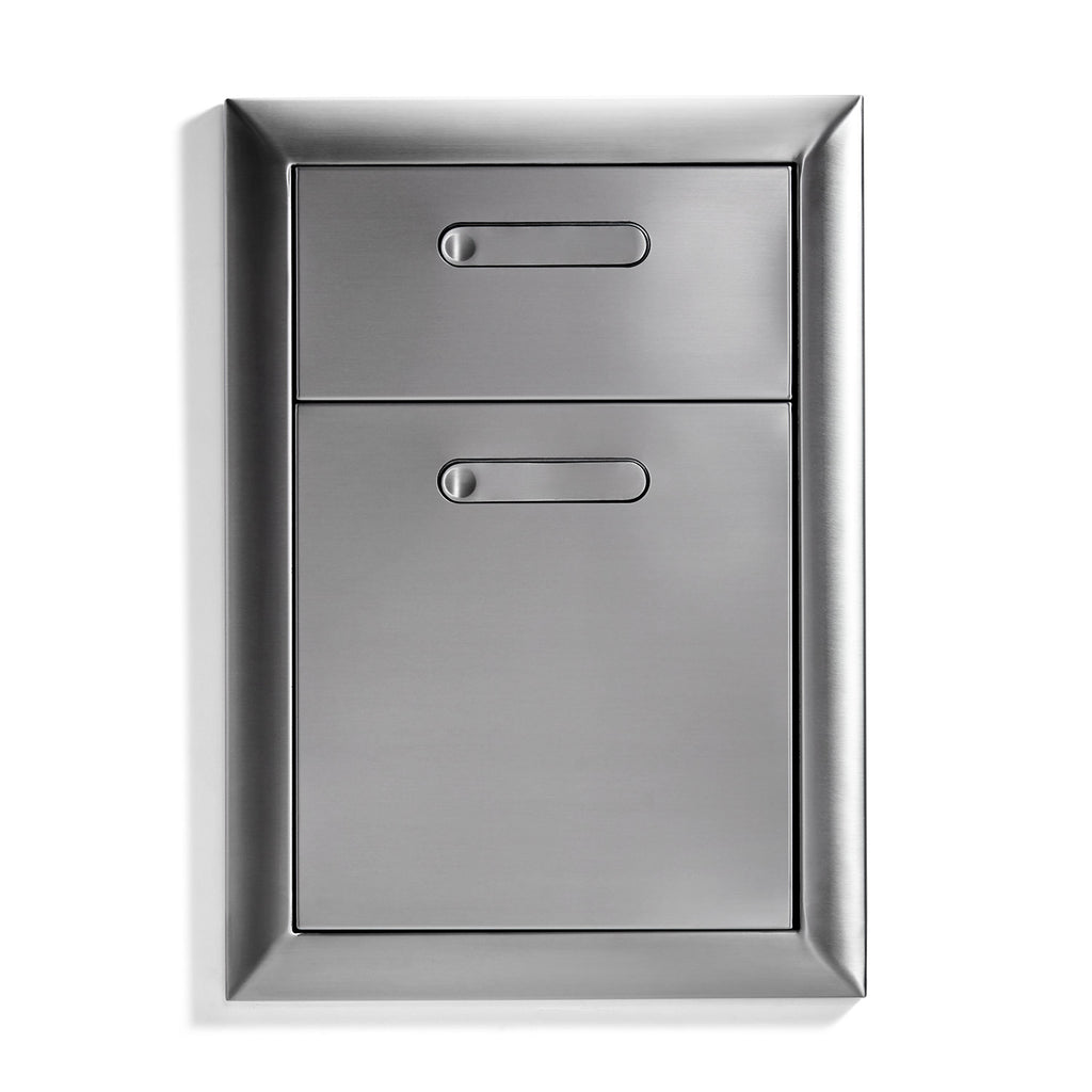 Stainless steel double drawer wall cabinet with two horizontal pull handles.