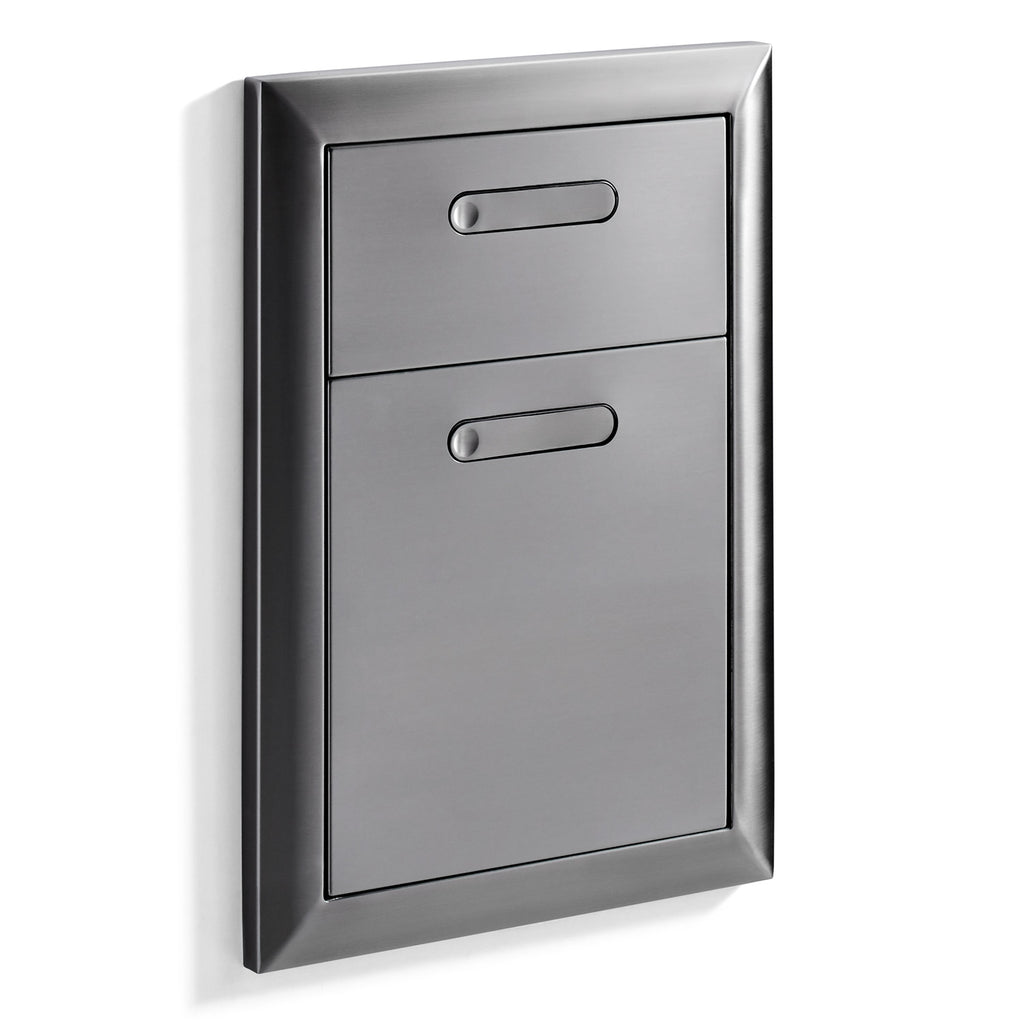 Stainless steel double drawer wall cabinet with two pull handles in front view.