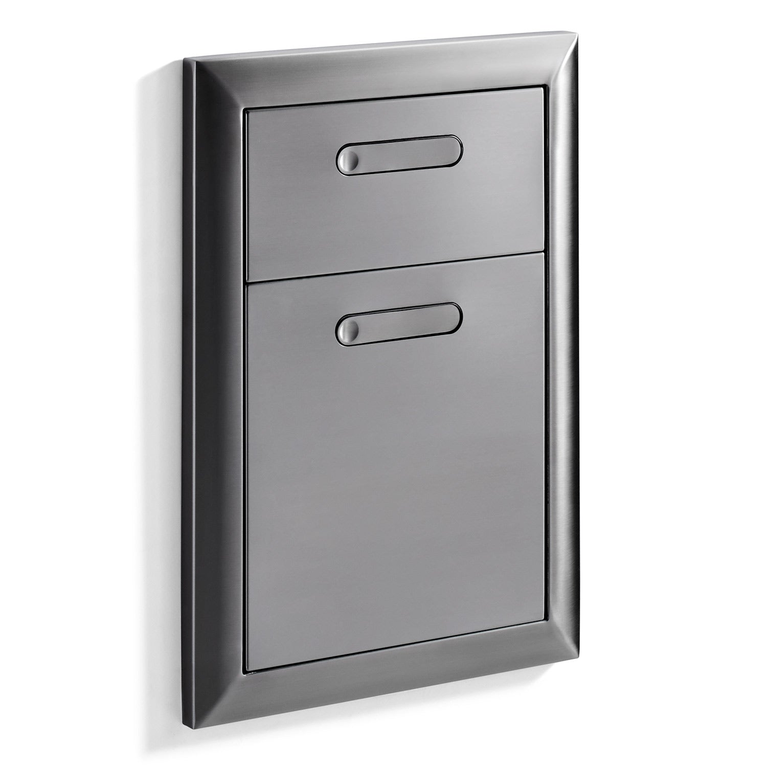 Stainless steel double drawer wall cabinet with two pull handles in front view.