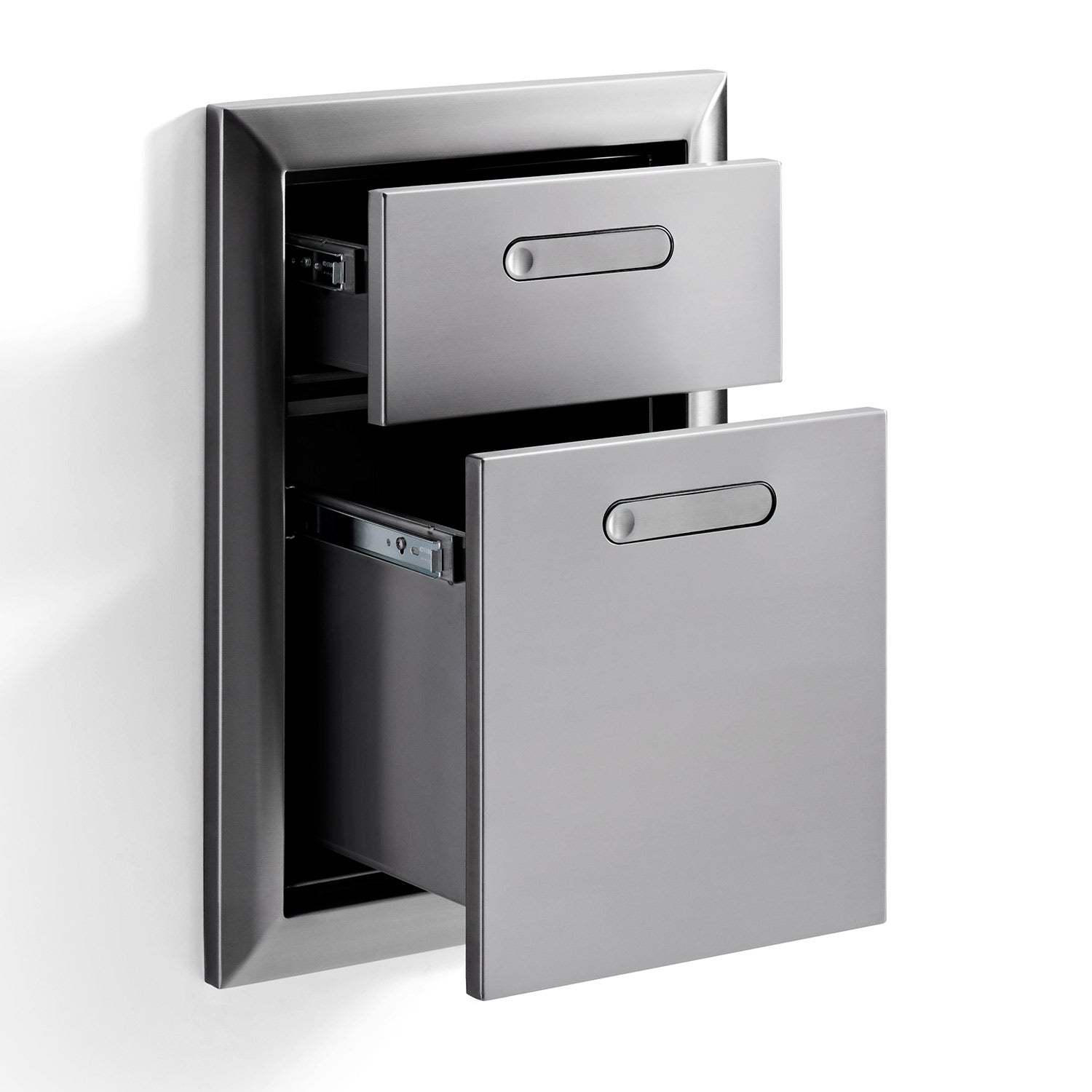 Stainless steel double drawer wall cabinet with doors open to show both drawers.