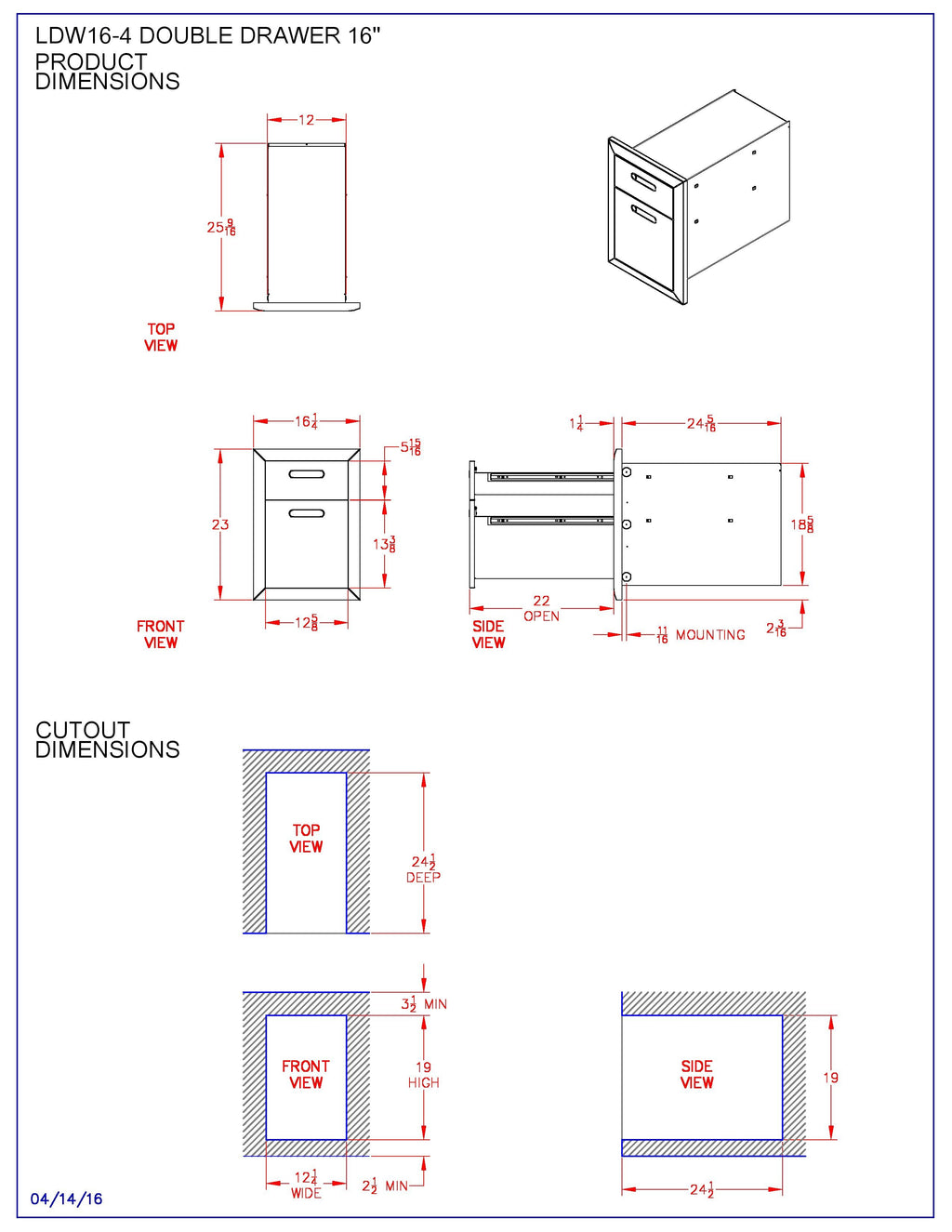 Double drawer cabinet dimensions diagram with top, front, and side views.
