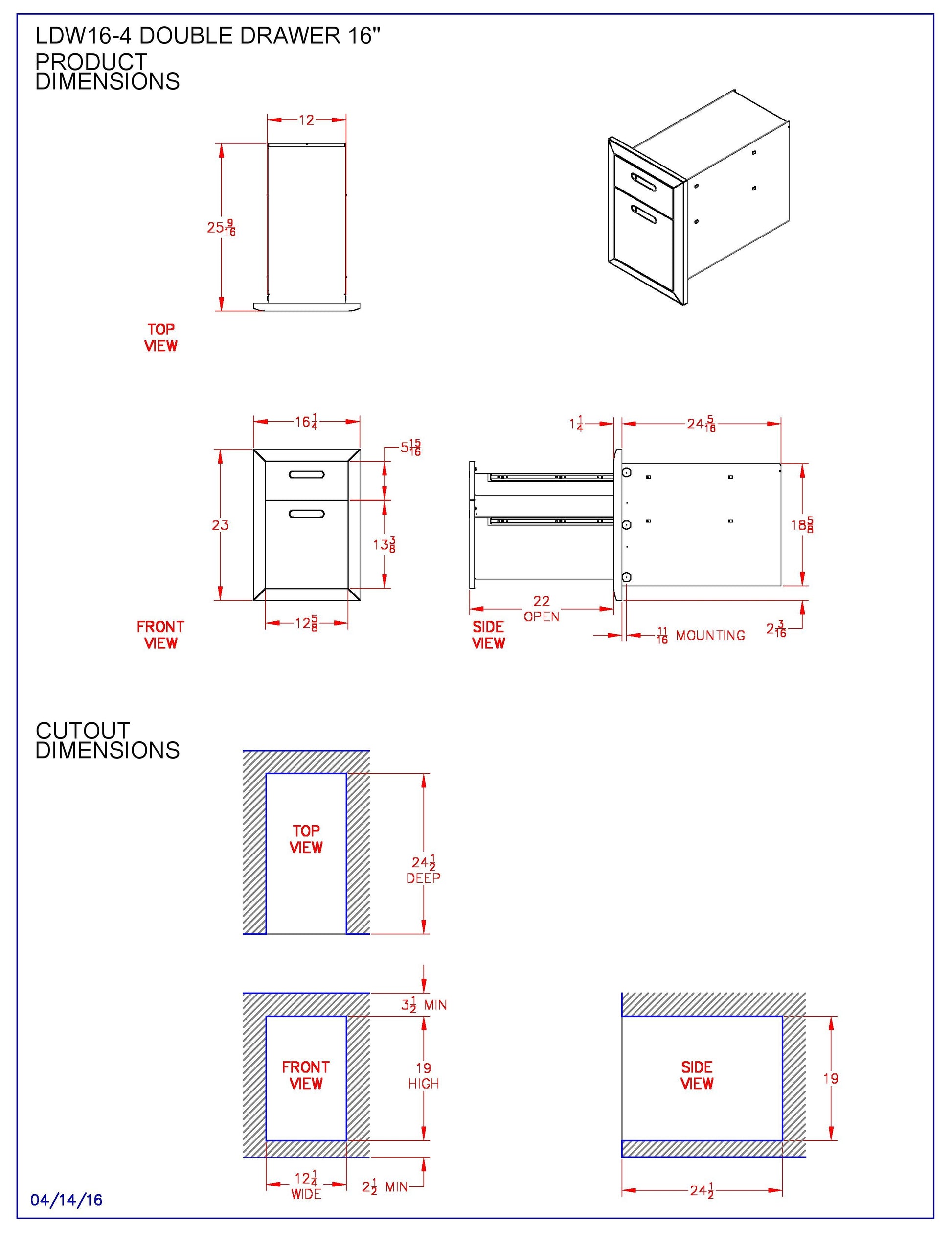 Double drawer cabinet dimensions diagram with top, front, and side views.