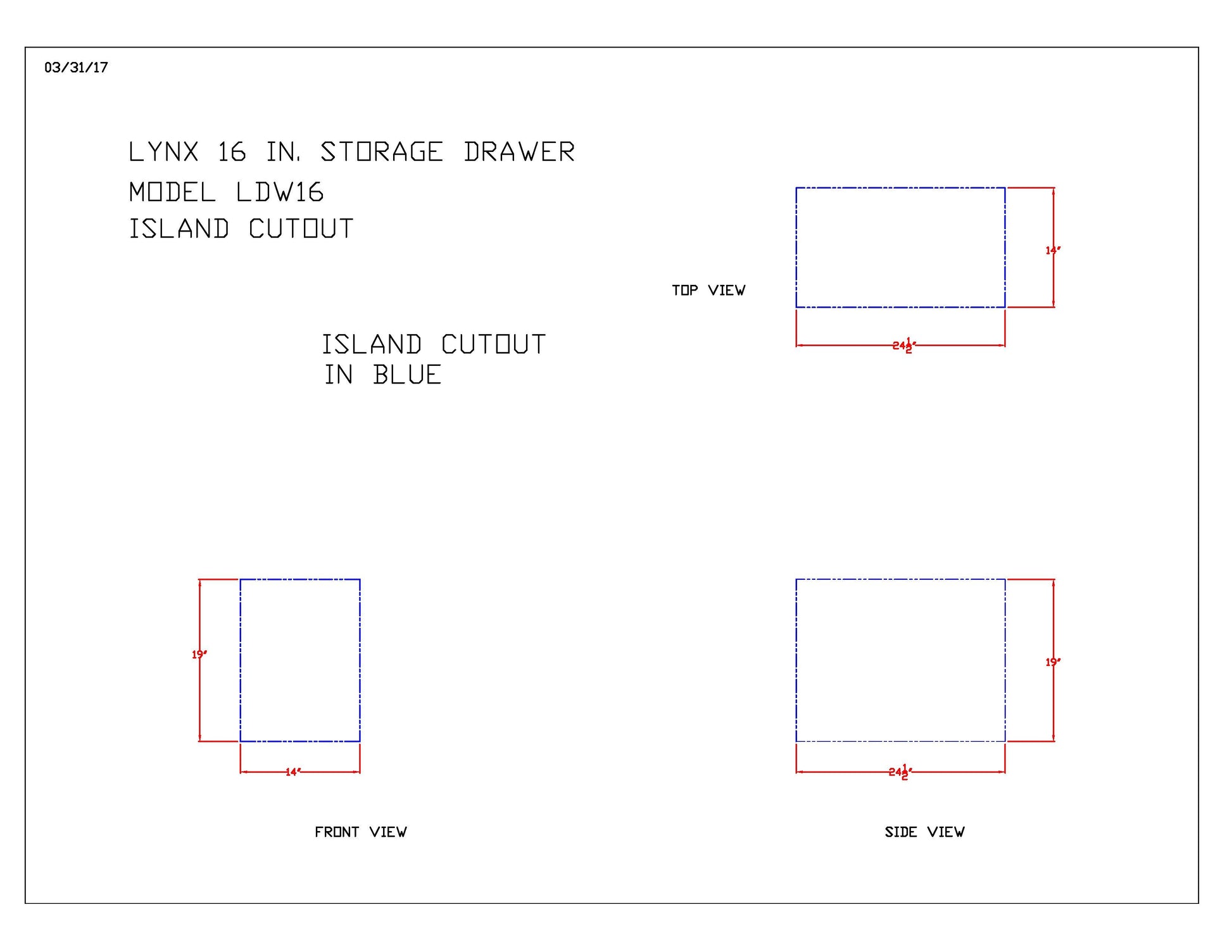 Technical cutout diagram for a double drawer storage unit with top and side views