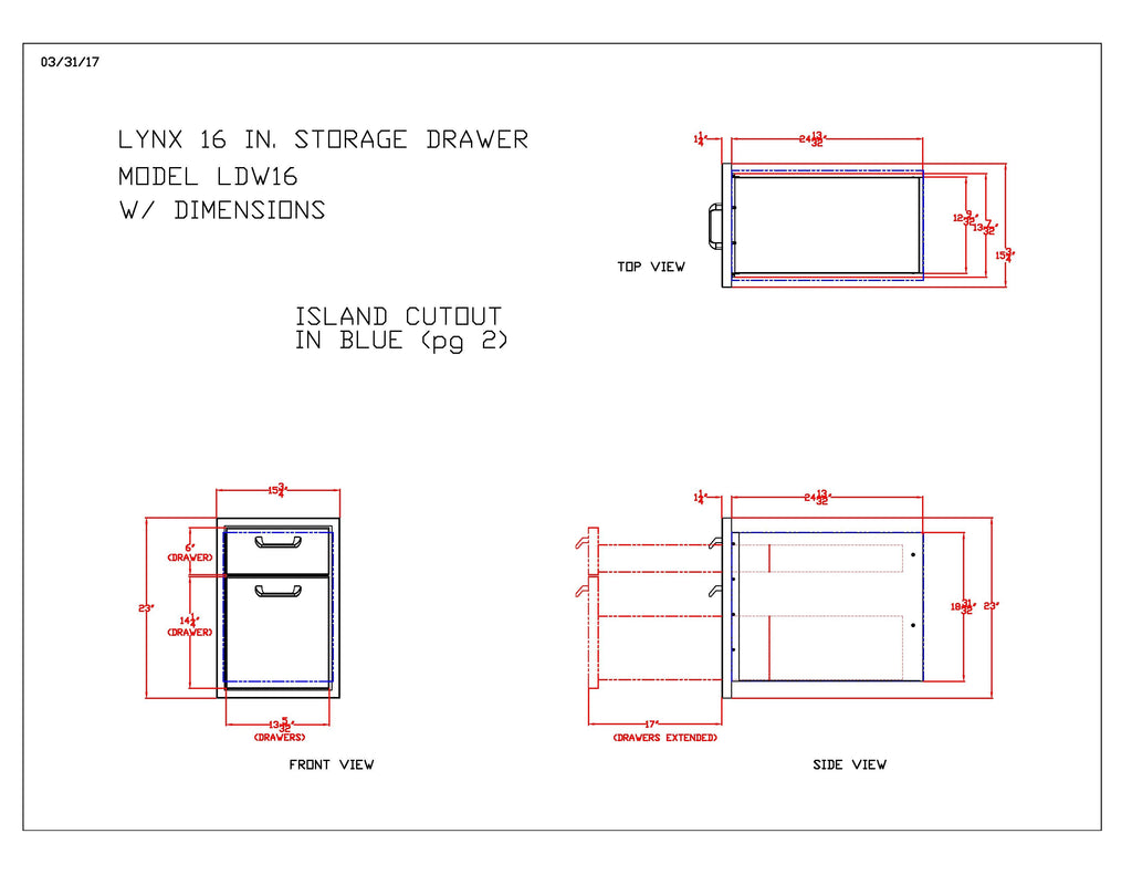 Technical diagram of island cutout for a 16 in double storage drawer