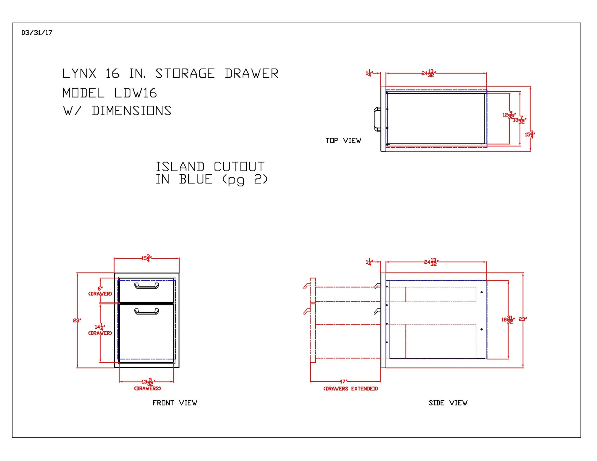 Technical diagram of island cutout for a 16 in double storage drawer