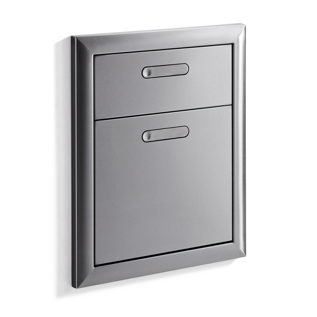 Double-drawer wall cabinet with two doors, curved bar pulls, and dark trim