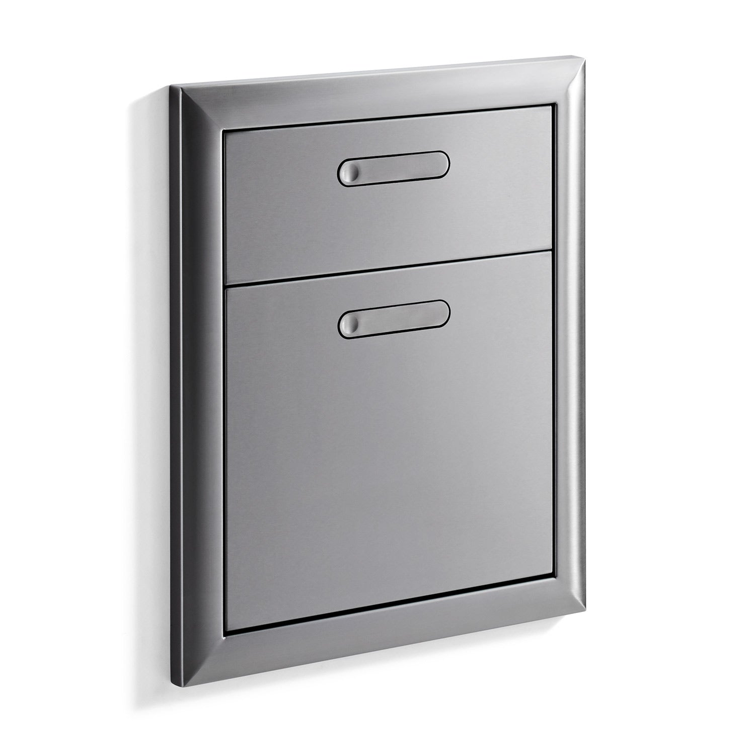 Double-drawer wall cabinet with two doors, curved bar pulls, and dark trim