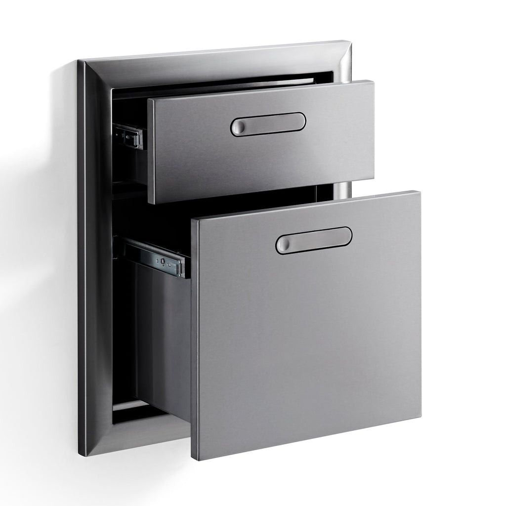 Double-drawer wall cabinet with both drawers open, showing interior storage