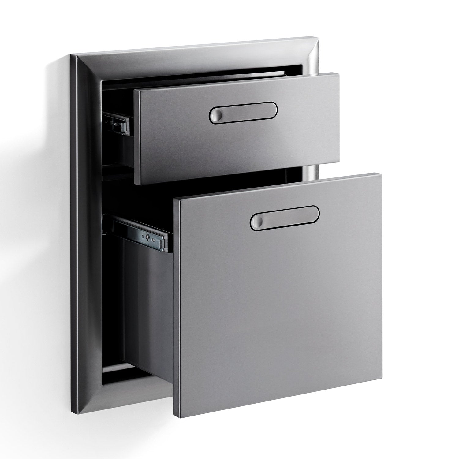 Double-drawer wall cabinet with both drawers open, showing interior storage
