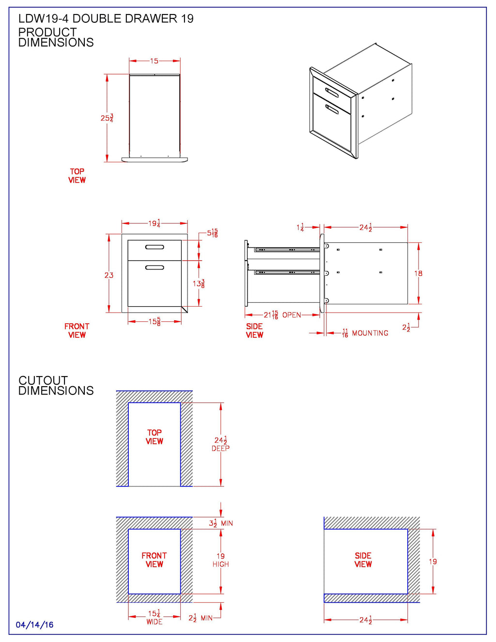 Technical diagram of a double drawer wall cabinet with dimension views