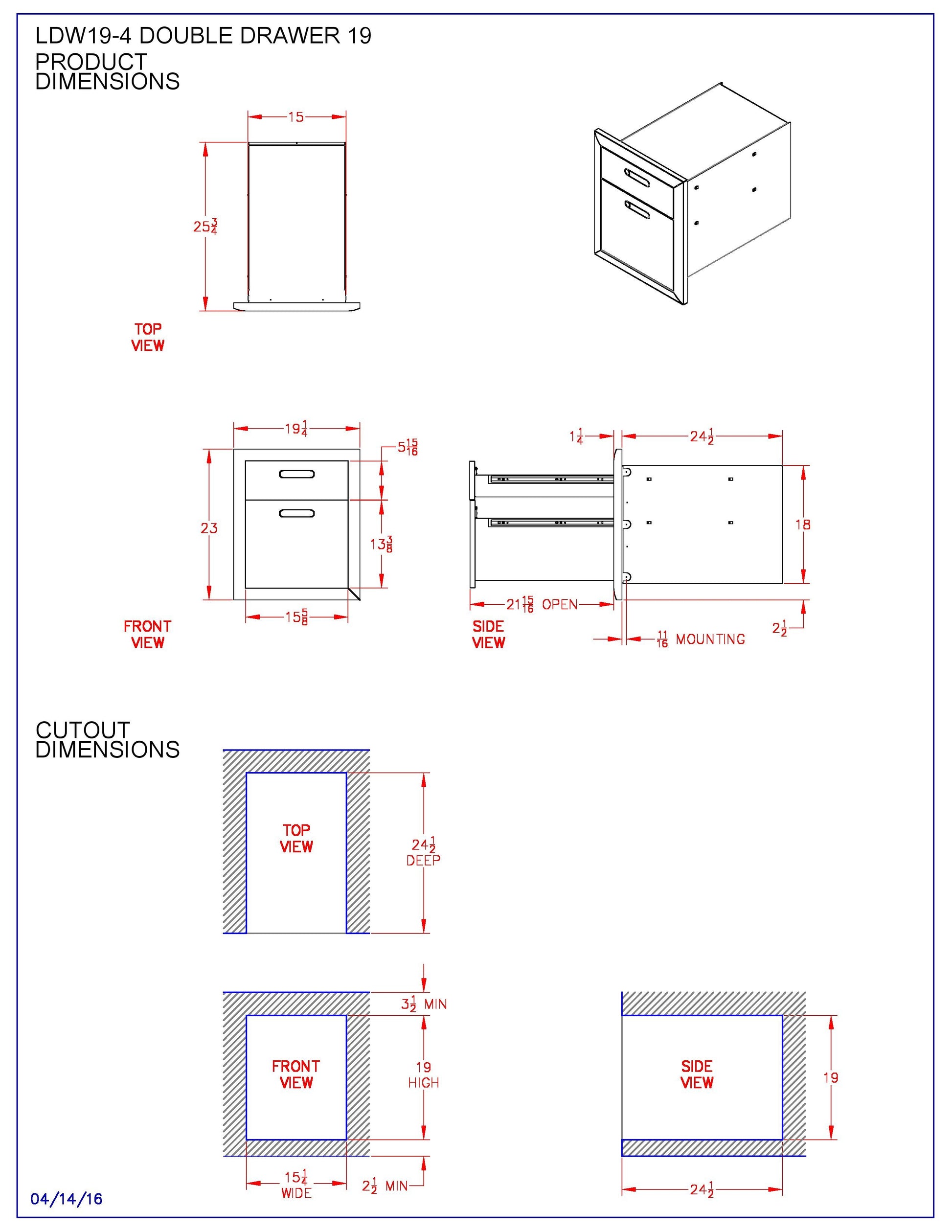 Technical diagram of a double drawer wall cabinet with dimension views