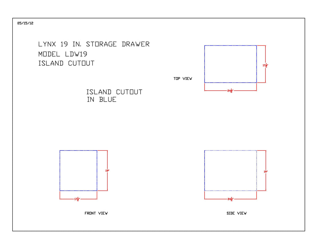 Lynx 19 in storage drawer dimension diagram showing side view measurements and cutout