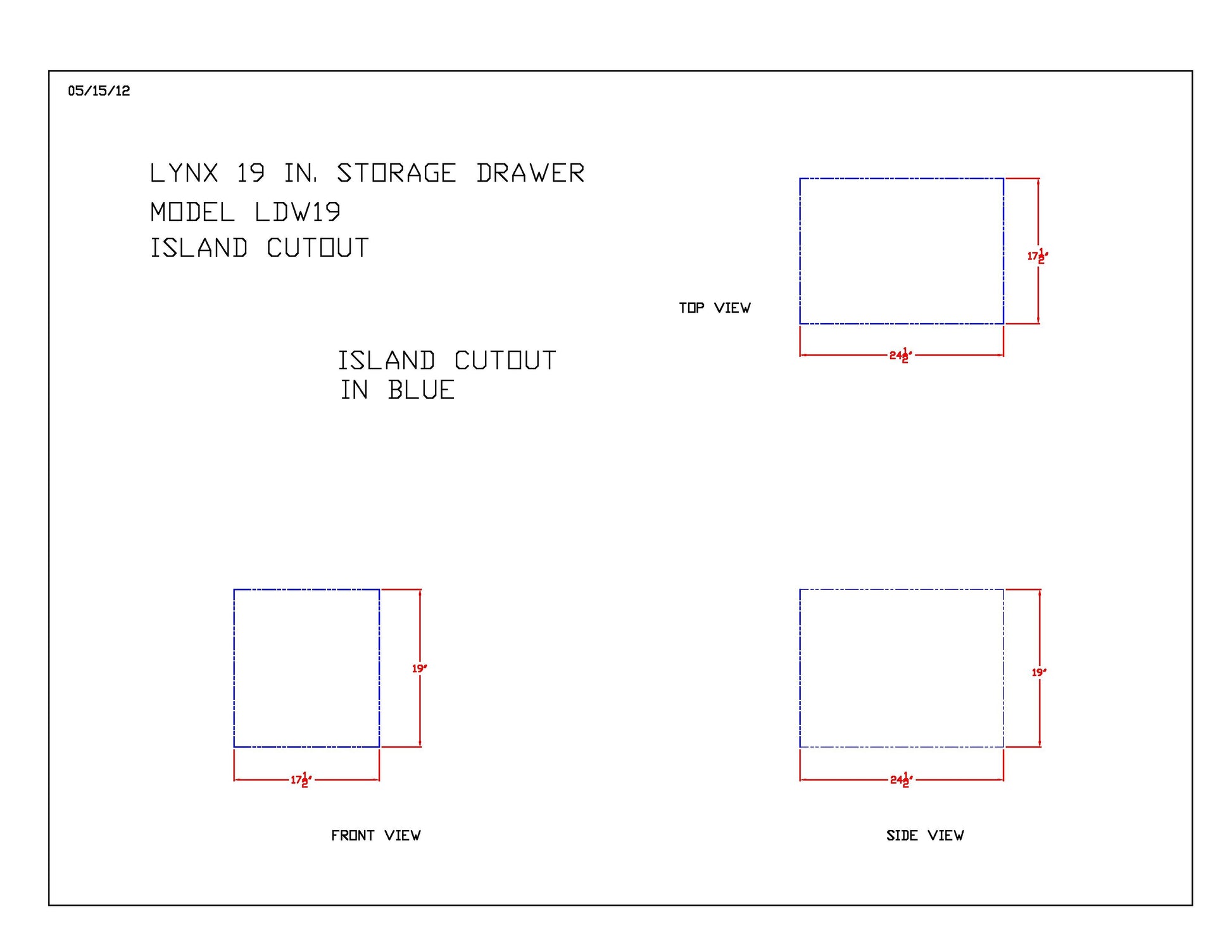 Lynx 19 in storage drawer dimension diagram showing side view measurements and cutout