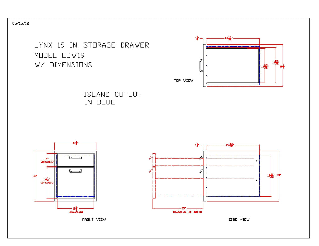 Lynx 19 in storage drawer dimension diagram showing island cutout and front view