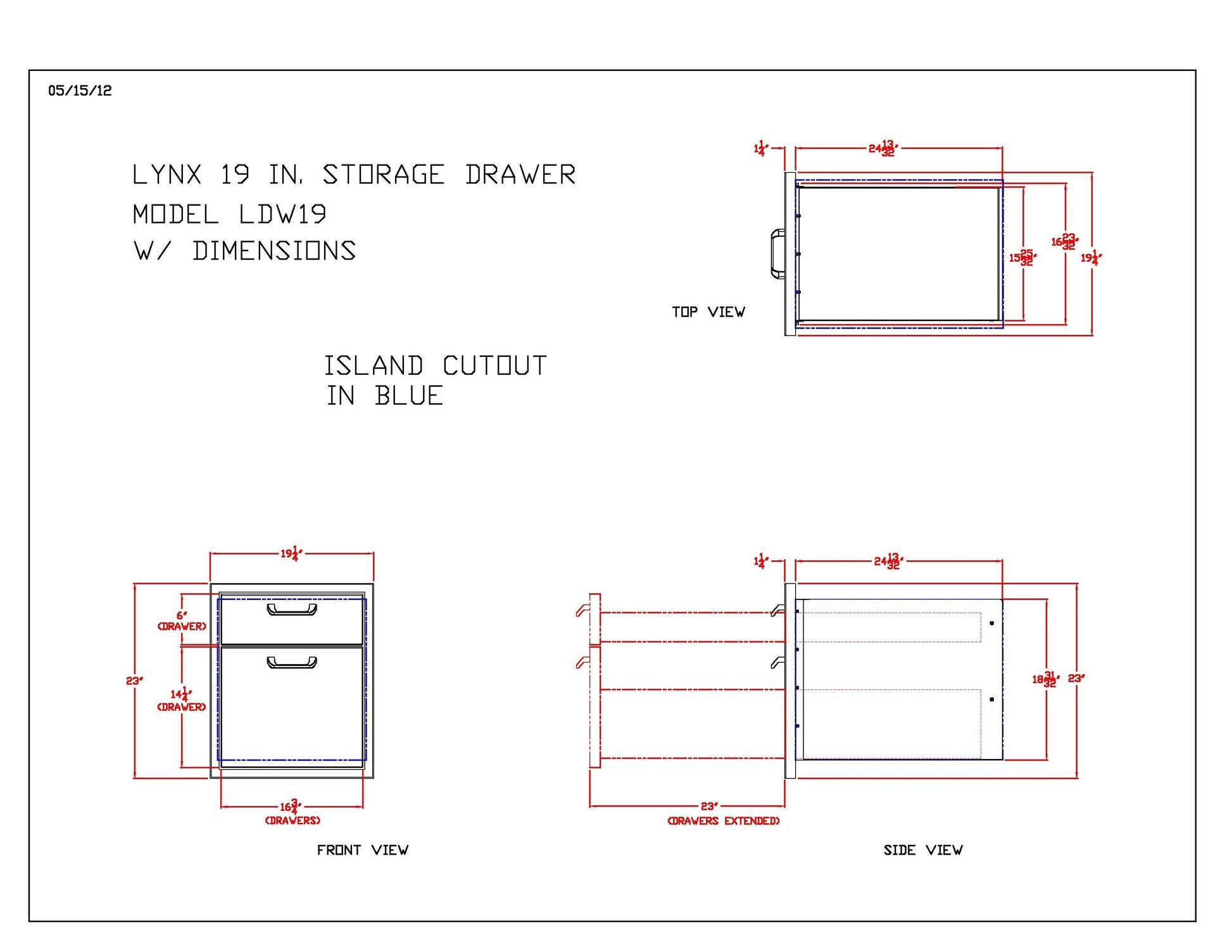 Lynx 19 in storage drawer dimension diagram showing island cutout and front view