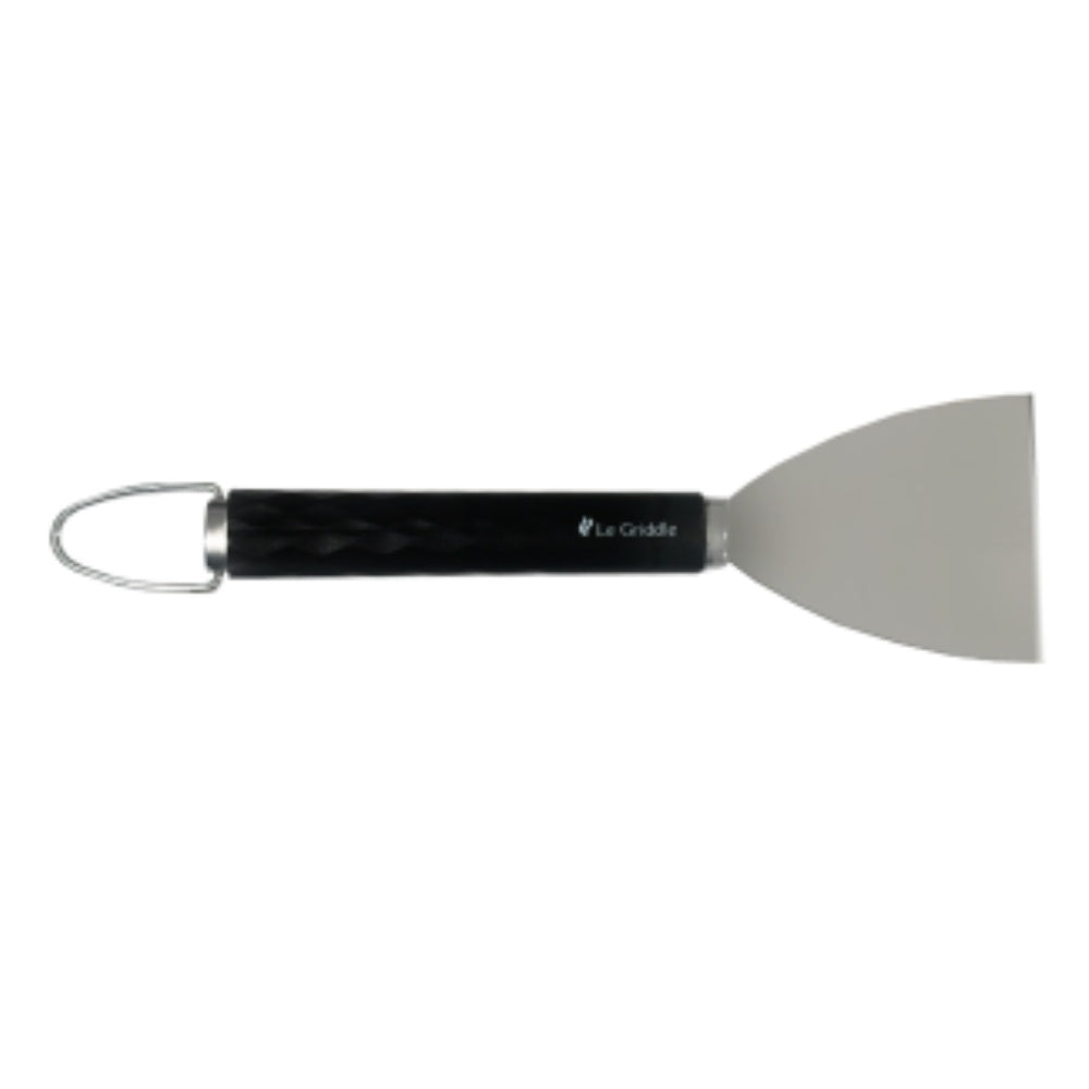 Angled griddle scraper with black handle and stainless beveled edge blade