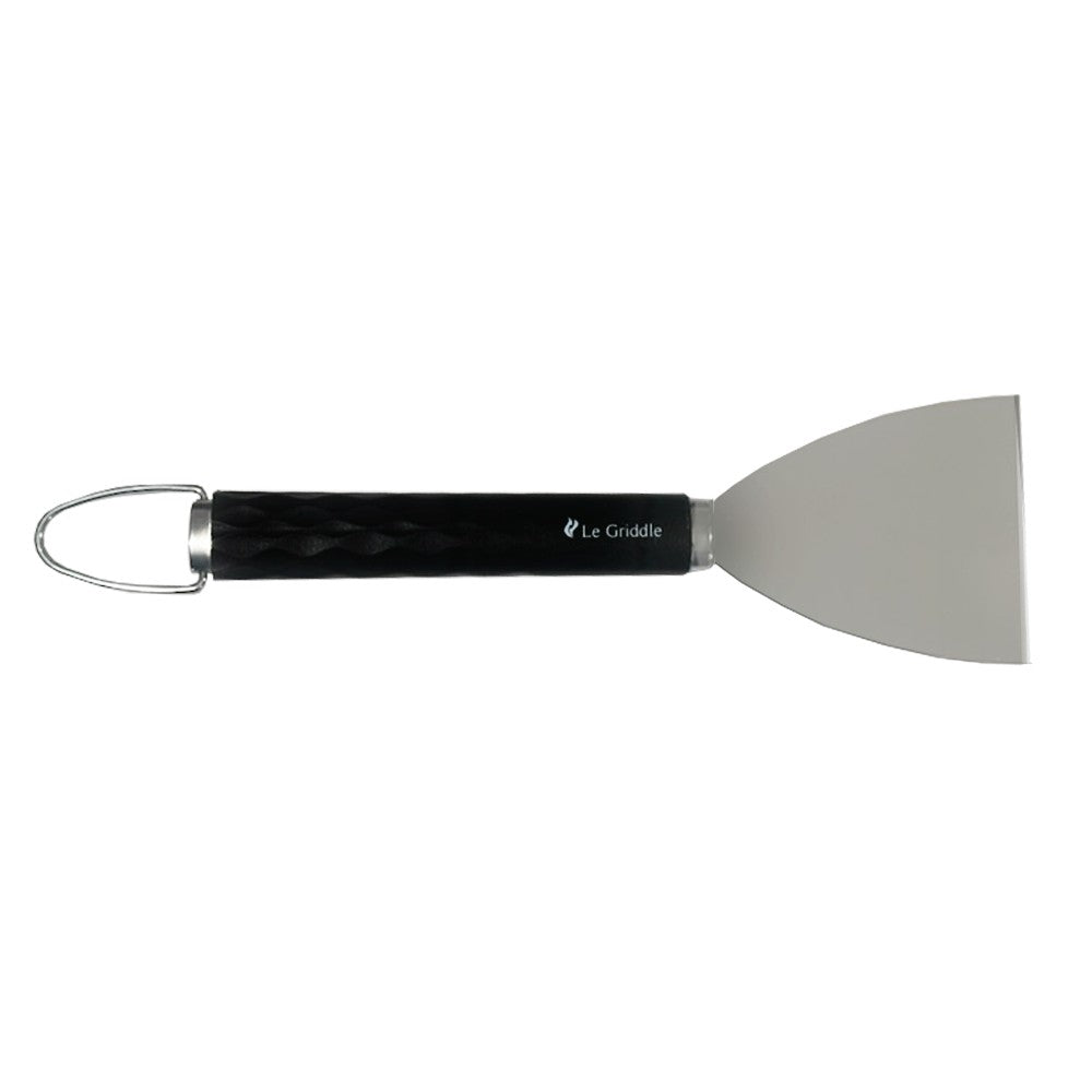 Le Griddle angled griddle scraper with black handle, stainless blade, and hanging loop